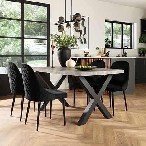 Franklin Industrial Dining Table & 4 Ricco Chairs, Grey Concrete Effect & Black Steel, Black Classic Velvet, 150cm