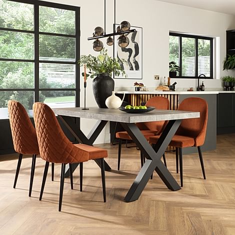 Franklin Industrial Dining Table & 4 Ricco Chairs, Grey Concrete Effect & Black Steel, Burnt Orange Classic Velvet, 150cm