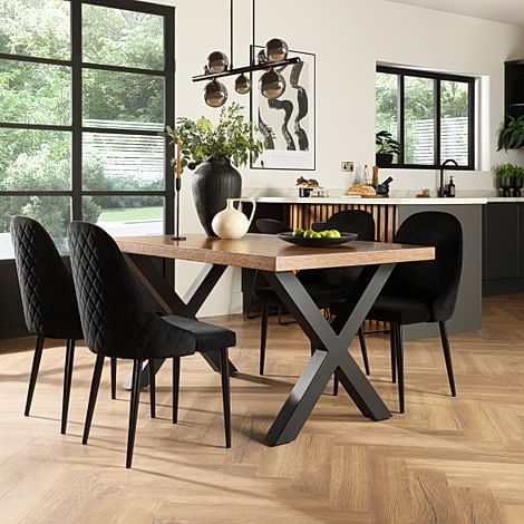 Franklin Industrial Dining Table & 4 Ricco Chairs, Dark Oak Veneer & Black Steel, Black Classic Velvet, 150cm