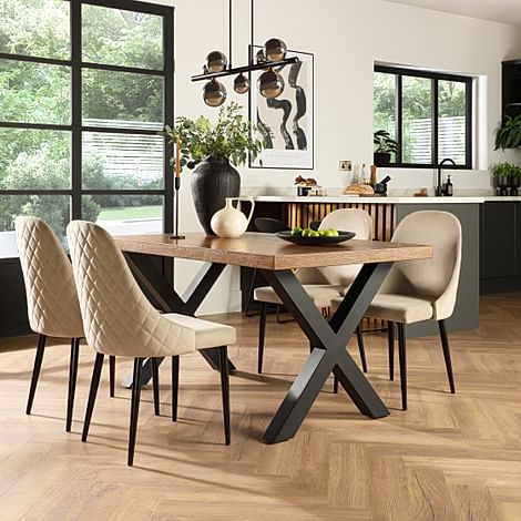 Franklin Industrial Dining Table & 4 Ricco Chairs, Dark Oak Veneer & Black Steel, Champagne Classic Velvet, 150cm