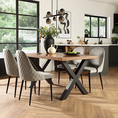 Franklin Industrial Dining Table & 4 Ricco Chairs, Dark Oak Veneer & Black Steel, Grey Classic Velvet, 150cm