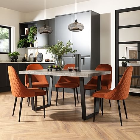 Addison Industrial Dining Table & 6 Ricco Chairs, Grey Concrete Effect & Black Steel, Burnt Orange Classic Velvet, 150cm