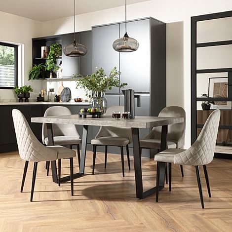 Addison Industrial Dining Table & 6 Ricco Chairs, Grey Concrete Effect & Black Steel, Grey Classic Velvet, 150cm