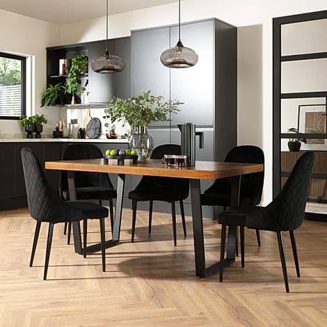 Addison Industrial Dining Table & 6 Ricco Chairs, Dark Oak Veneer & Black Steel, Black Classic Velvet, 150cm