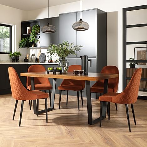 Addison Industrial Dining Table & 4 Ricco Chairs, Dark Oak Veneer & Black Steel, Burnt Orange Classic Velvet, 150cm