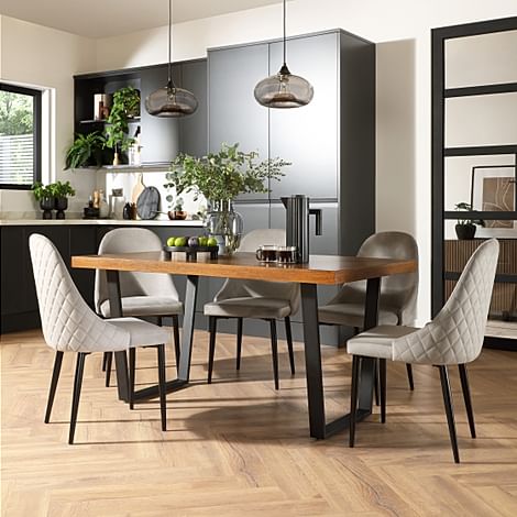 Addison Industrial Dining Table & 4 Ricco Chairs, Dark Oak Veneer & Black Steel, Grey Classic Velvet, 150cm