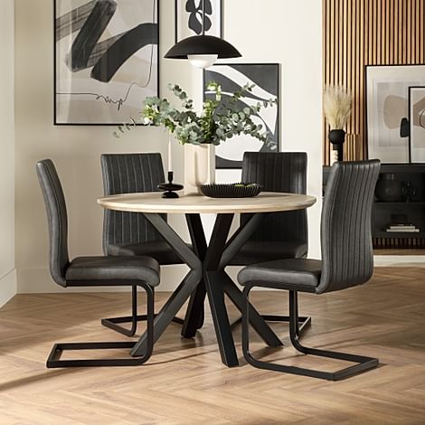 Newark Round Dining Table & 4 Perth Chairs, Light Oak Effect & Black Steel, Vintage Grey Classic Faux Leather, 110cm