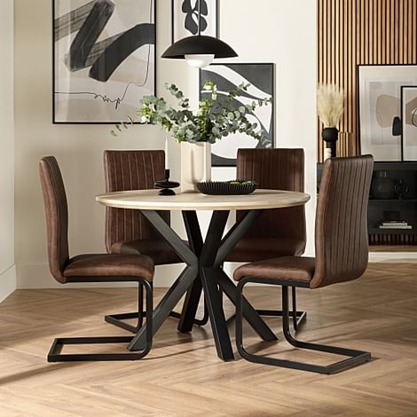 Newark Round Dining Table & 4 Perth Chairs, Light Oak Effect & Black Steel, Vintage Brown Classic Faux Leather, 110cm