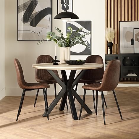 Newark Round Dining Table & 4 Brooklyn Chairs, Light Oak Effect & Black Steel, Vintage Brown Classic Faux Leather, 110cm