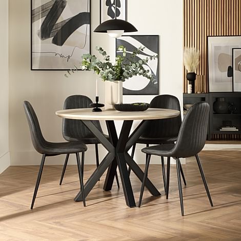 Newark Round Dining Table & 4 Brooklyn Chairs, Light Oak Effect & Black Steel, Vintage Grey Classic Faux Leather, 110cm