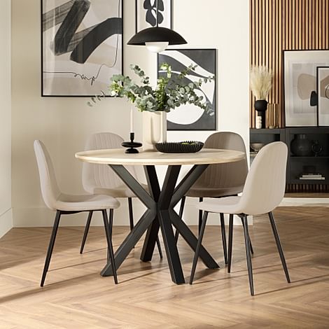 Newark Round Dining Table & 4 Brooklyn Chairs, Light Oak Effect & Black Steel, Champagne Classic Velvet, 110cm