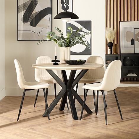 Newark Round Dining Table & 4 Brooklyn Chairs, Light Oak Effect & Black Steel, Ivory Classic Plush Fabric, 110cm