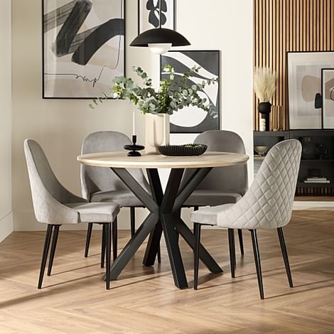 Newark Round Dining Table & 4 Ricco Chairs, Light Oak Effect & Black Steel, Grey Classic Velvet, 110cm