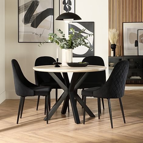 Newark Round Dining Table & 4 Ricco Chairs, Light Oak Effect & Black Steel, Black Classic Velvet, 110cm