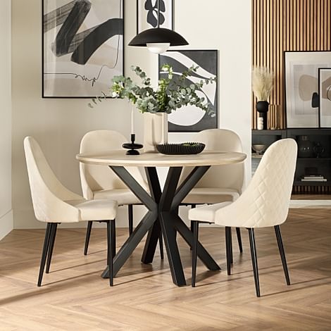 Newark Round Dining Table & 4 Ricco Chairs, Light Oak Effect & Black Steel, Ivory Classic Plush Fabric, 110cm