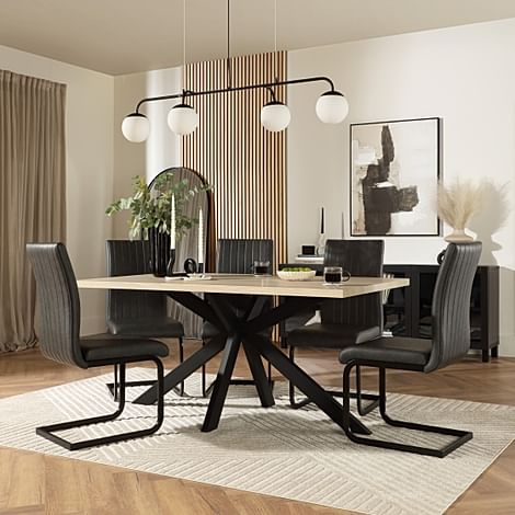 Madison Dining Table & 4 Perth Chairs, Light Oak Effect & Black Steel, Vintage Grey Classic Faux Leather, 160cm