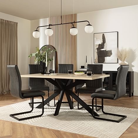 Madison Dining Table & 6 Perth Chairs, Light Oak Effect & Black Steel, Vintage Grey Premium Faux Leather, 160cm