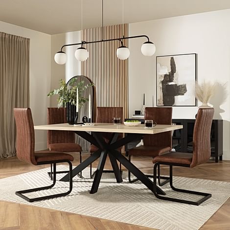 Madison Dining Table & 6 Perth Chairs, Light Oak Effect & Black Steel, Tan Classic Faux Leather, 160cm