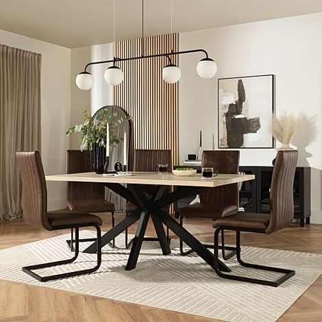 Madison Dining Table & 4 Perth Chairs, Light Oak Effect & Black Steel, Vintage Brown Classic Faux Leather, 160cm