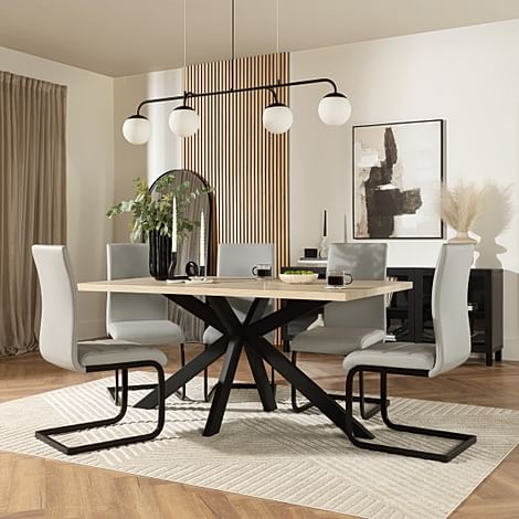 Madison Dining Table & 4 Perth Chairs, Light Oak Effect & Black Steel, Light Grey Classic Faux Leather, 160cm