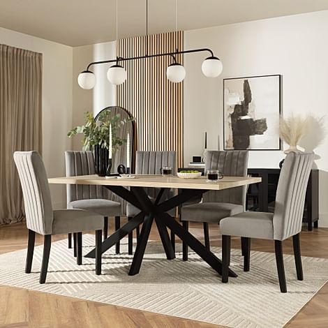 Madison Dining Table & 4 Salisbury Chairs, Light Oak Effect & Black Steel, Grey Classic Velvet & Black Solid Hardwood, 160cm