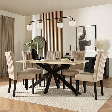 Madison Dining Table & 6 Salisbury Chairs, Light Oak Effect & Black Steel, Champagne Classic Velvet & Black Solid Hardwood, 160cm