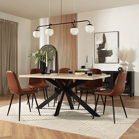 Madison Dining Table & 4 Brooklyn Chairs, Light Oak Effect & Black Steel, Tan Classic Faux Leather, 160cm