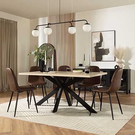 Madison Dining Table & 4 Brooklyn Chairs, Light Oak Effect & Black Steel, Vintage Brown Classic Faux Leather, 160cm