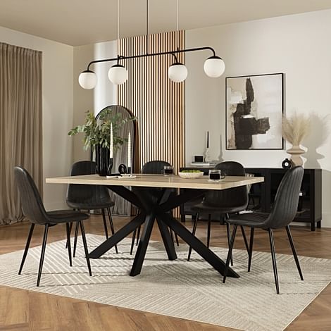 Madison Dining Table & 6 Brooklyn Chairs, Light Oak Effect & Black Steel, Vintage Grey Classic Faux Leather, 160cm