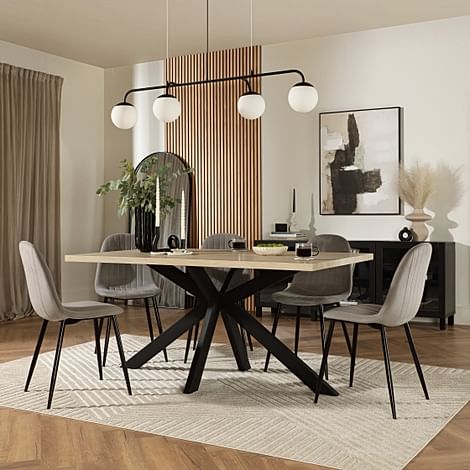 Madison Dining Table & 4 Brooklyn Chairs, Light Oak Effect & Black Steel, Grey Classic Velvet, 160cm