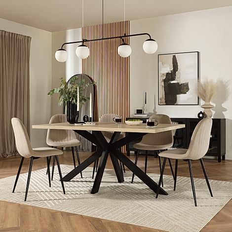 Madison Dining Table & 6 Brooklyn Chairs, Light Oak Effect & Black Steel, Champagne Classic Velvet, 160cm