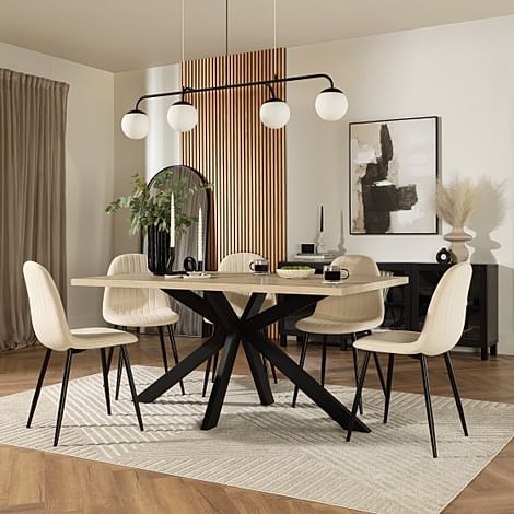 Madison Dining Table & 4 Brooklyn Chairs, Light Oak Effect & Black Steel, Ivory Classic Plush Fabric, 160cm