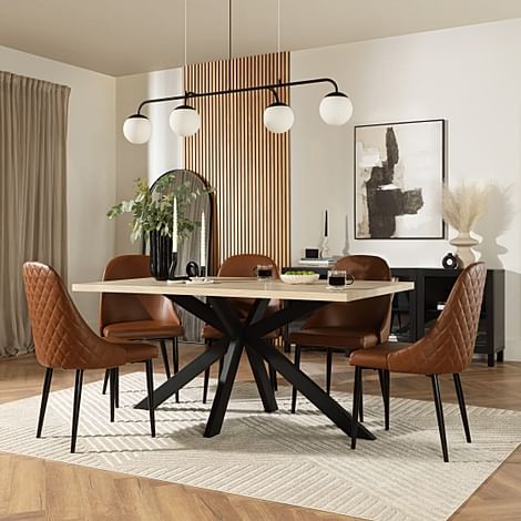 Madison Dining Table & 6 Ricco Chairs, Light Oak Effect & Black Steel, Tan Premium Faux Leather, 160cm