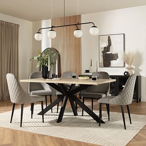 Madison Dining Table & 6 Ricco Chairs, Light Oak Effect & Black Steel, Grey Classic Velvet, 160cm