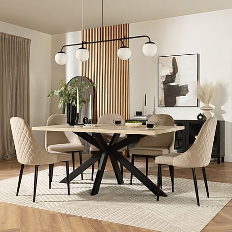 Madison Dining Table & 4 Ricco Chairs, Light Oak Effect & Black Steel, Champagne Classic Velvet, 160cm