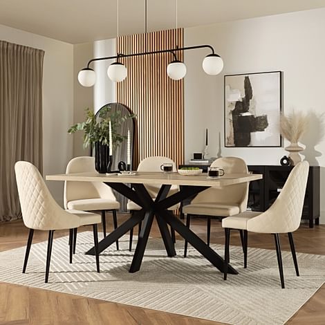 Madison Dining Table & 4 Ricco Chairs, Light Oak Effect & Black Steel, Ivory Classic Plush Fabric, 160cm