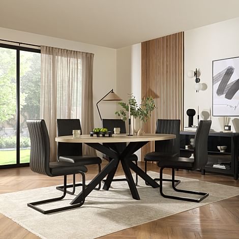 Madison Oval Dining Table & 6 Perth Chairs, Light Oak Effect & Black Steel, Vintage Grey Classic Faux Leather, 180cm