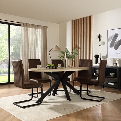 Madison Oval Dining Table & 4 Perth Chairs, Light Oak Effect & Black Steel, Vintage Brown Classic Faux Leather, 180cm