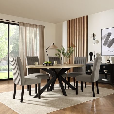 Madison Oval Dining Table & 4 Salisbury Chairs, Light Oak Effect & Black Steel, Grey Classic Velvet & Black Solid Hardwood, 180cm