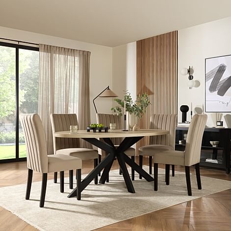 Madison Oval Dining Table & 4 Salisbury Chairs, Light Oak Effect & Black Steel, Champagne Classic Velvet & Black Solid Hardwood, 180cm