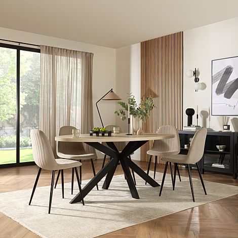 Madison Oval Dining Table & 6 Brooklyn Chairs, Light Oak Effect & Black Steel, Champagne Classic Velvet, 180cm