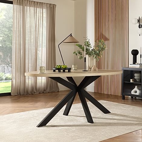 Madison Oval Dining Table 6 Brooklyn Chairs Light Oak Effect Black Steel Ivory Classic Plush Fabric 180cm