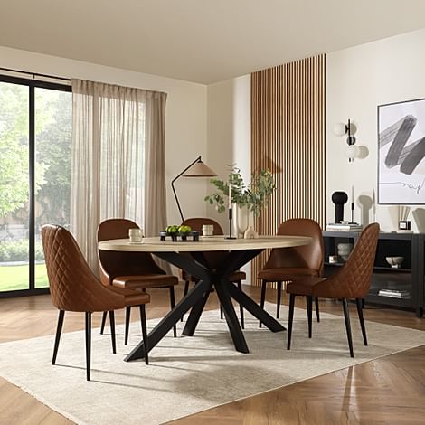 Madison Oval Dining Table & 4 Ricco Chairs, Light Oak Effect & Black Steel, Tan Premium Faux Leather, 180cm