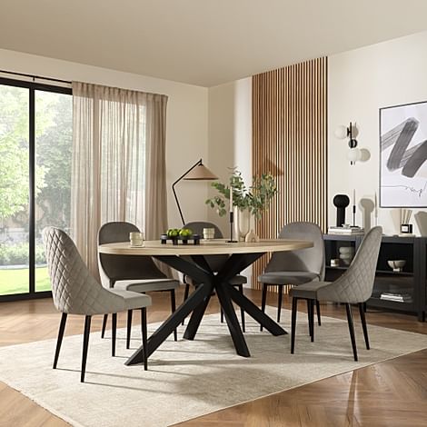 Madison Oval Dining Table & 6 Ricco Chairs, Light Oak Effect & Black Steel, Grey Classic Velvet, 180cm