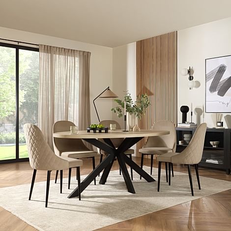 Madison Oval Dining Table & 4 Ricco Chairs, Light Oak Effect & Black Steel, Champagne Classic Velvet, 180cm