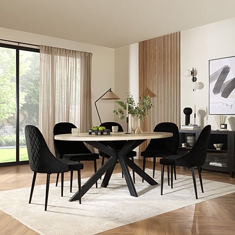 Madison Oval Dining Table & 4 Ricco Chairs, Light Oak Effect & Black Steel, Black Classic Velvet, 180cm