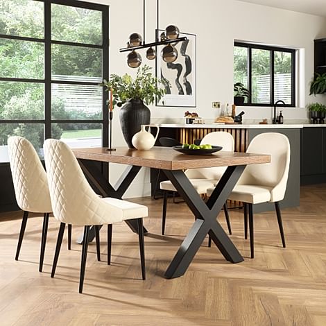 Franklin Industrial Dining Table & 4 Ricco Chairs, Dark Oak Veneer & Black Steel, Ivory Classic Plush Fabric, 150cm