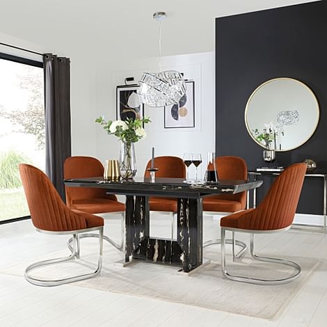 Florence Extending Dining Table & 6 Riva Chairs, Black Marble Effect, Burnt Orange Classic Velvet & Chrome, 120-160cm