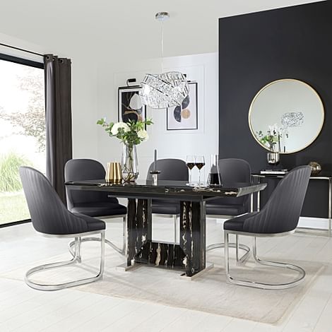 Florence Extending Dining Table & 4 Riva Chairs, Black Marble Effect, Grey Premium Faux Leather & Chrome, 120-160cm