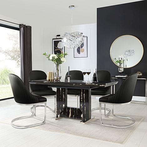 Florence Extending Dining Table & 4 Riva Chairs, Black Marble Effect, Black Premium Faux Leather & Chrome, 120-160cm